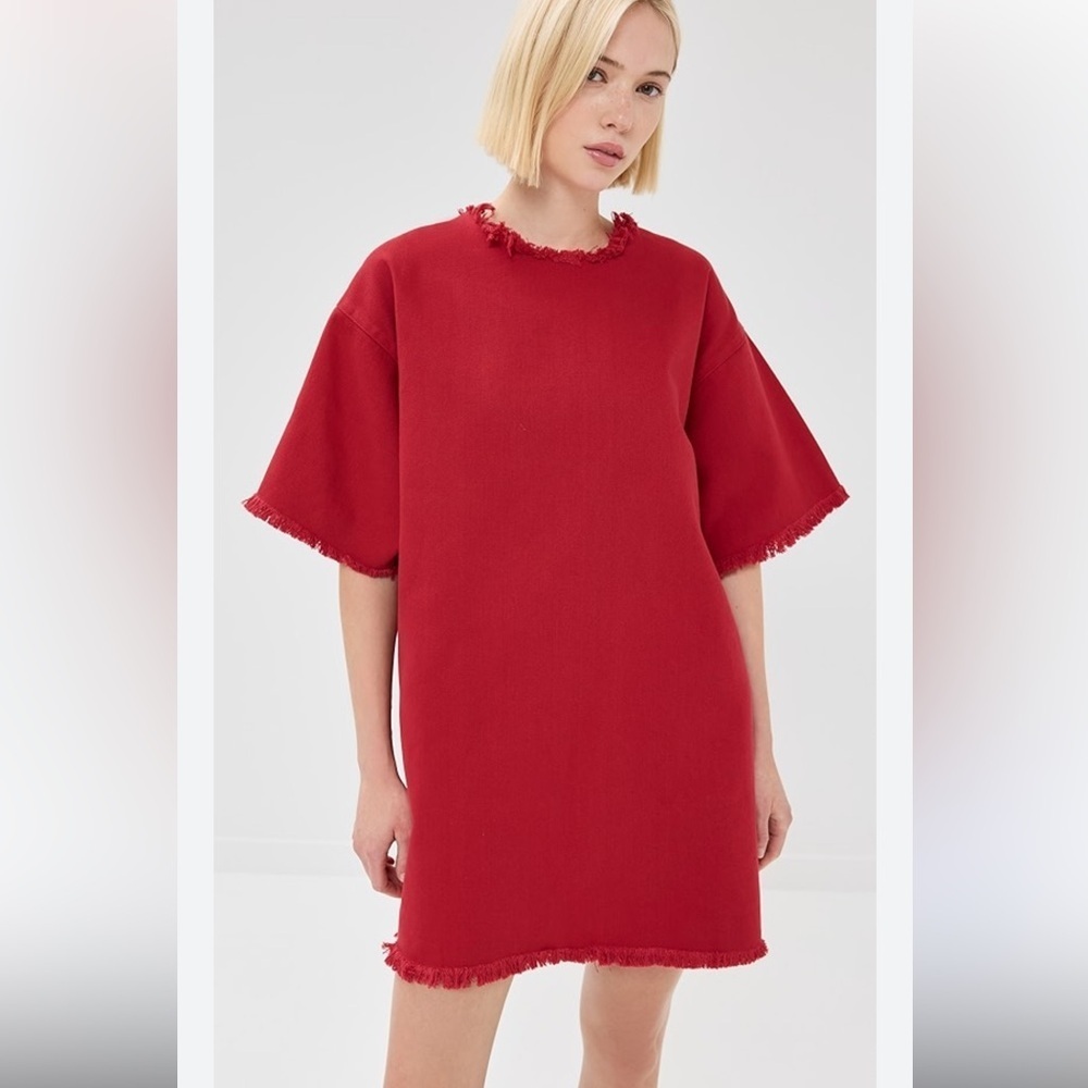 Minimal Frayed-Trim Red Mini Dress